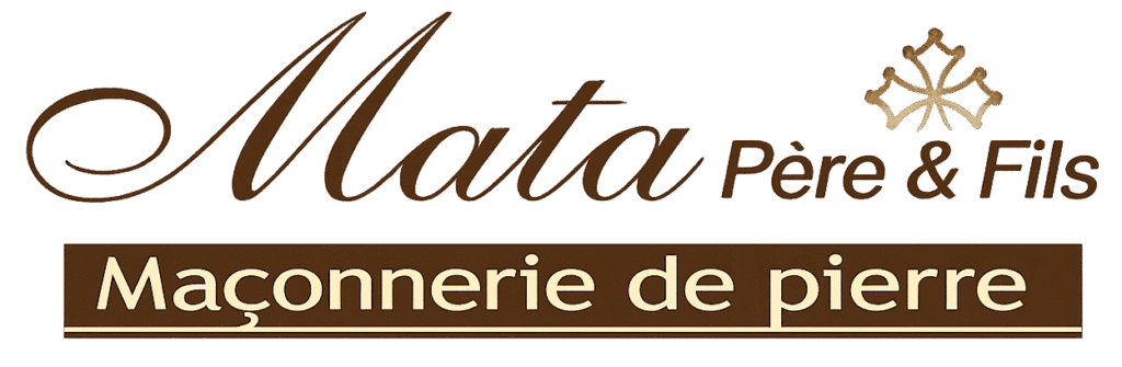 Logo Mata Père & Fils, expert en maçonnerie de pierre. Typographie cursive élégante et emblème décoratif doré.
